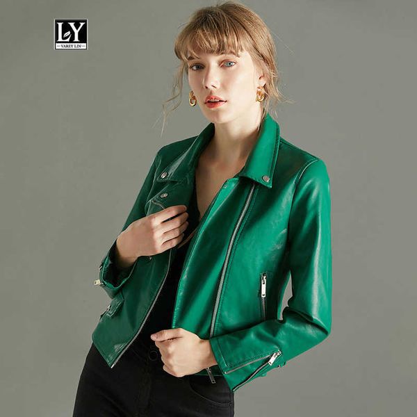 Ly Varey Lin Red Faux Soft Leather Giacche basic Donna Autunno Turndown Collar Rivet Zipper Biker Coat Pu Motorcycle Jacket 210526