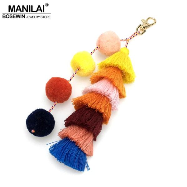

keychains manilai handmade tassel multicolor pompom bohemian bag pendant long key chain women jewelry keychain casual accessories, Silver
