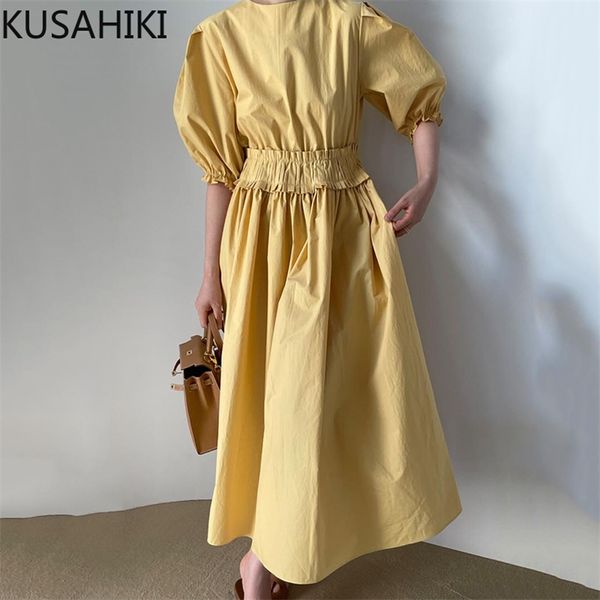 

korean chic summer puff sleeve dresses stretch high waist a-line vestidos femme causal o-neck woman dress 6h639 210603, Black;gray