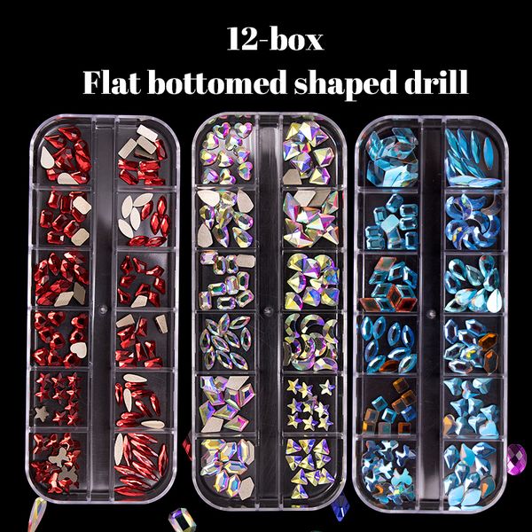 12Grid Acrílico Crastal Nail Art Rhinestones Set Flatback Flat Bottomed Diamond AB Forma para Unhas Decorações Design Manicure Ferramentas Acessórios NAR021 Box Package