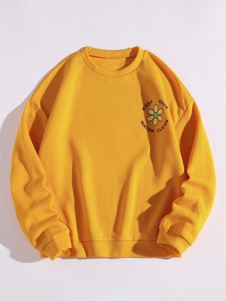 

slogan & floral print thermal pullover d856#, White;black