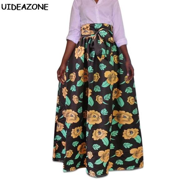

skirts uideazone floral print women high waist maxi vintage pleated long skirt sashes casual fitness streetwear plus size, Black