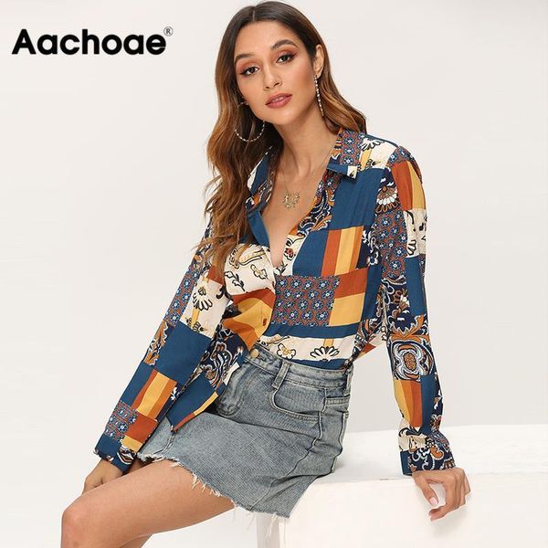 

aachoae 2021 patchwork blouse shirt women turn down collar print blouses vintage long sleeve casual office shirts ladies, White
