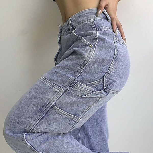 

women's jeans fashion high waist wide leg blue washed retro pocket straight casual loose pants