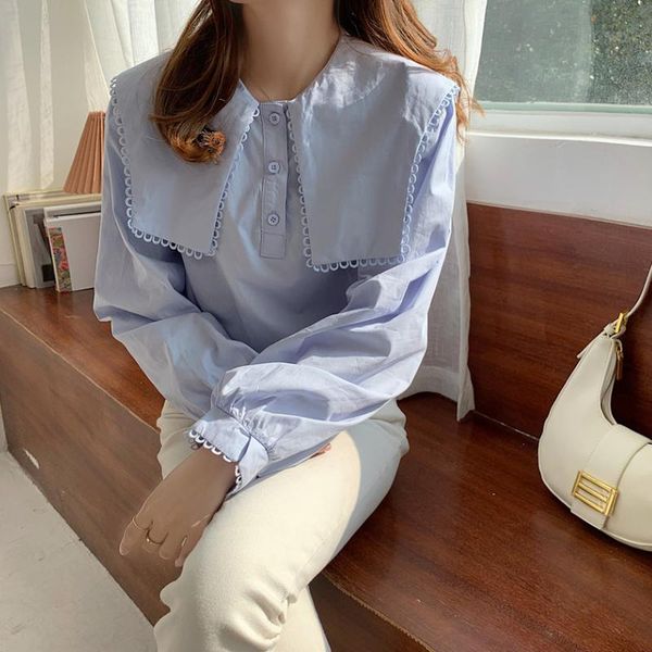 

women's blouses & shirts wakuta blue elegantes woman 2021 korean japanese style sailor collar loose patchwork hollow out shirt solid al, White