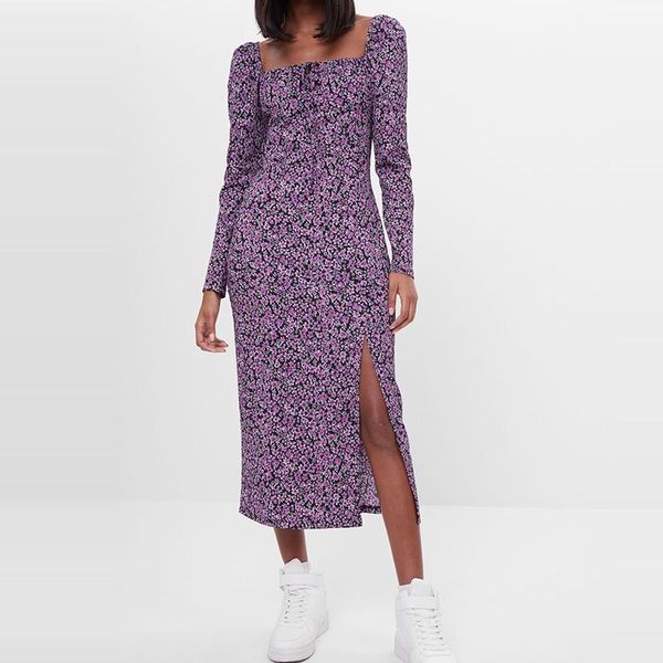 

casual dresses floral print vintage square collar woman dress autumn long sleeve a line high split backless midi for women, Black;gray