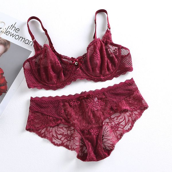 

bras sets french super thin lace fun bra set underwear wine red black and white powder l009
