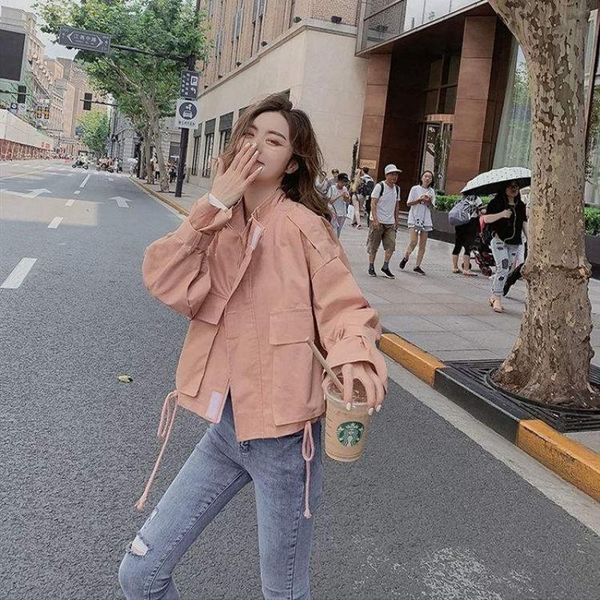 

women's jackets pure cotton short coat female autumn korean loose wild product tooling pink drawstring long-sleeved top, Black;brown