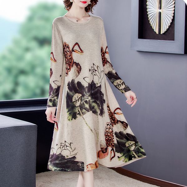 

autumn winter casual vintage warm floral knited sweater dress print 3xl plus size women elegant bodycon long wool sweaters 210218, White;black