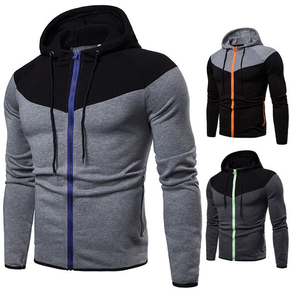 

winter new hooded cardigan sweatshirt hoodies mens contrast stitching slim-fit sweatshirt casual fashion trendy men's jacket, Black
