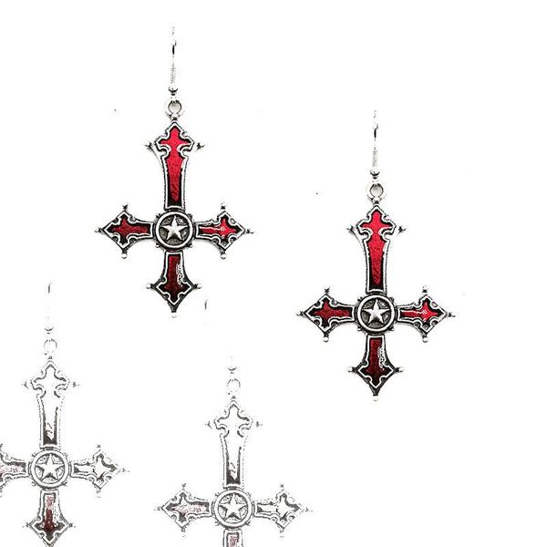 

hoop & huggie european and american style dark gothic inverted cross women's earrings vintage fashion red pentagram jewelry wholesale, Golden;silver