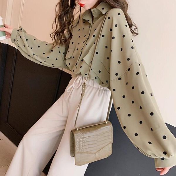 

women's green white korean style turn-down collar loose casual polka dot pattern blouse fashion sweet long-sleeved shirt 2021