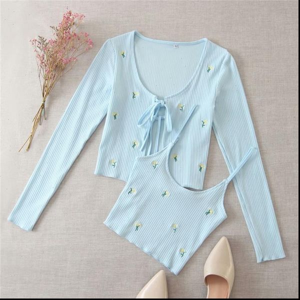 

elegant women knitted blouse sets 2021 fashion ladies floral embroidery set female streetwear shirts girls chic knitwear, White