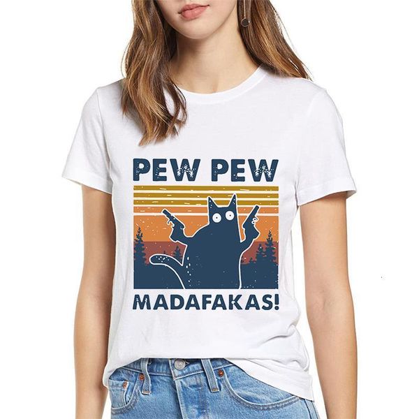 

black cat pew pew madafakas funny cat gangster with gun t-shirt halloween femme tshirt print women short sleeve oversized, White