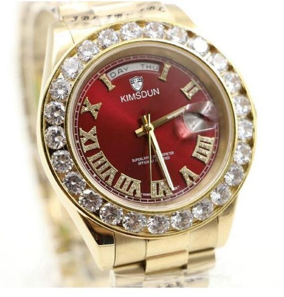 

wristwatches red luxury watche brand gold president day-date big diamonds role watch men stainless steel diamond bezel automatic mens reloj, Slivery;brown