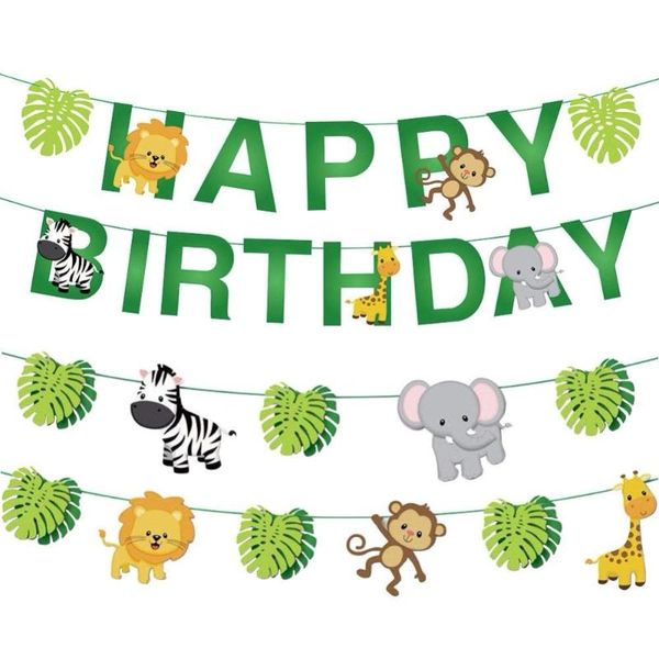 

party decoration jungle animals leaves banner happy birthday bunting set woodland garland safari forest wildlife monkey lion giraffe