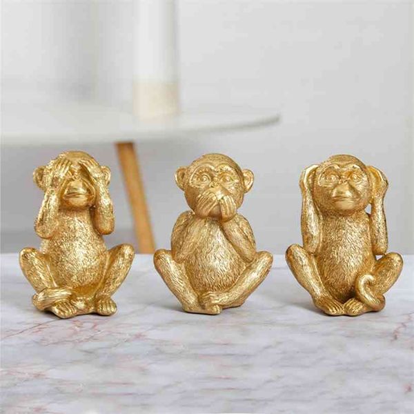 Resina Não Ouvir Não veja Não Falar Dourado Monkey Macaco Figurinhas Miniatura Decor Decor Bedroom Corredor Decorativo Escultura Ornamentos 210811