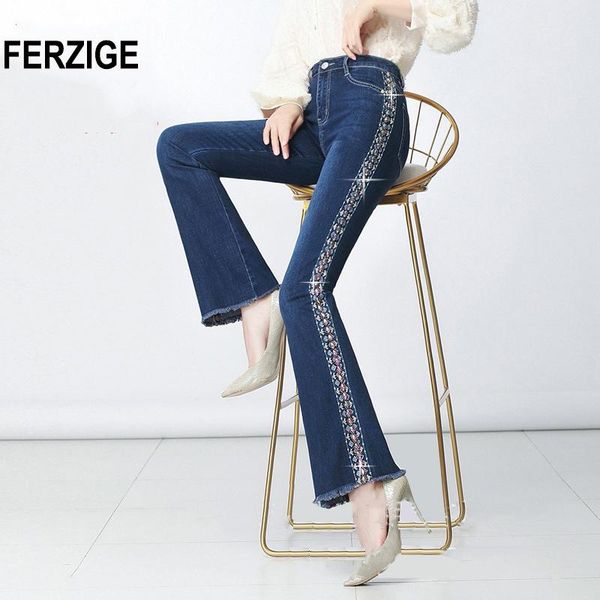 

women's jeans ferzige women high waist stretch blue flared pants side embroidered hand beads bell bottoms push up woman trousers 36