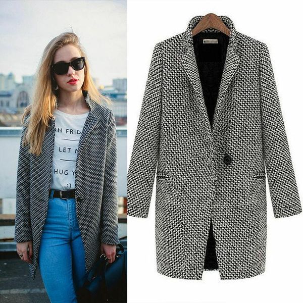 

women's wool & blends women lapel coats trench jacket winter warm long parka overcoat outwear coat geometric korean style, Black