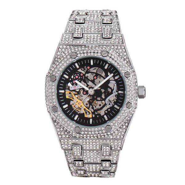 

iced out aaa diamond watch men luminous gear movement royal design luxury mechanical transparent skeleton automatic watches, Slivery;brown
