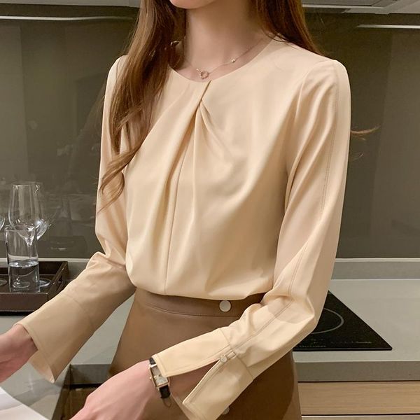 

women's blouses & shirts slit long sleeve chiffon shirt 2021 spring autumn elegant women casual round neck office workwear loose bl, White