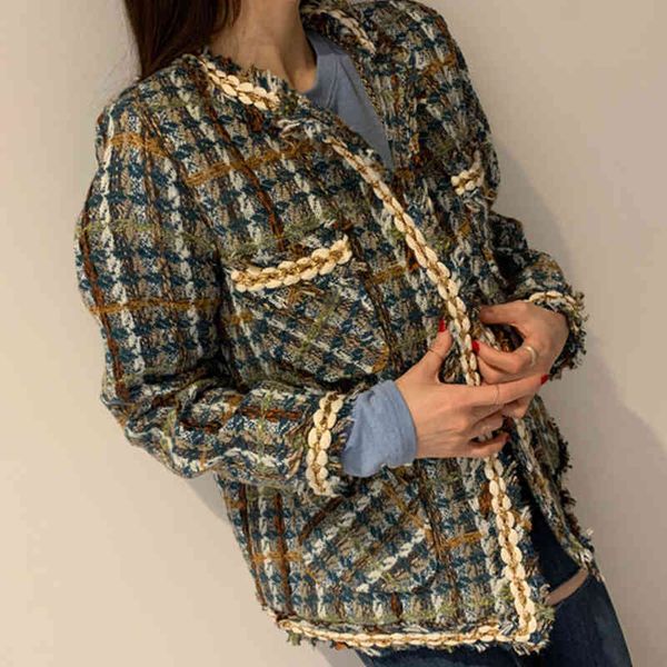 

women's jackets onalippa women jacket autumn french vintage round neck metal single-breasted loose multi-pocket long-sleeved tweed coat, Black;brown