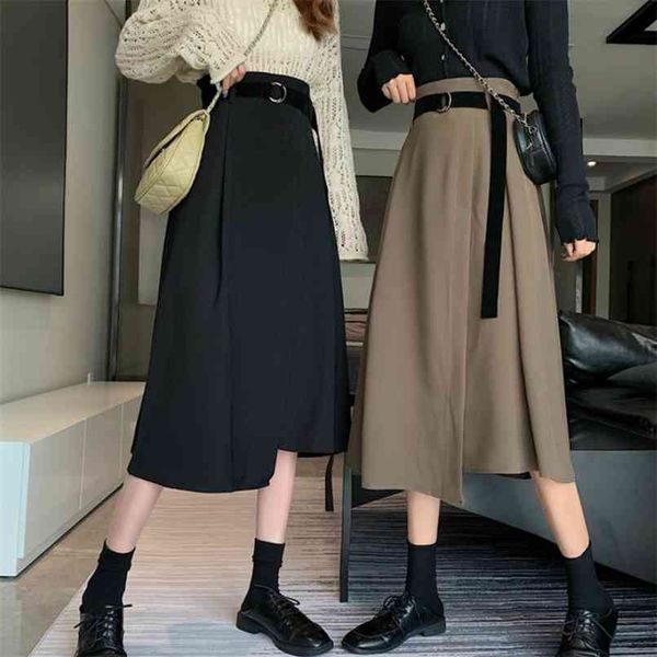 

autumn hepburn style elegant high waist irregular slimming midi skirt for women 210529, Black