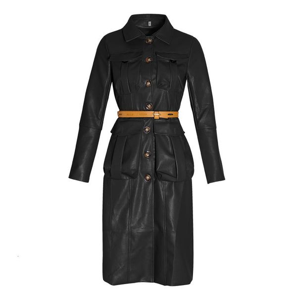 

women's leather & faux pu windbreaker lapel collar long sleeve high waist trench coats female 2021 autumn fashion, Black