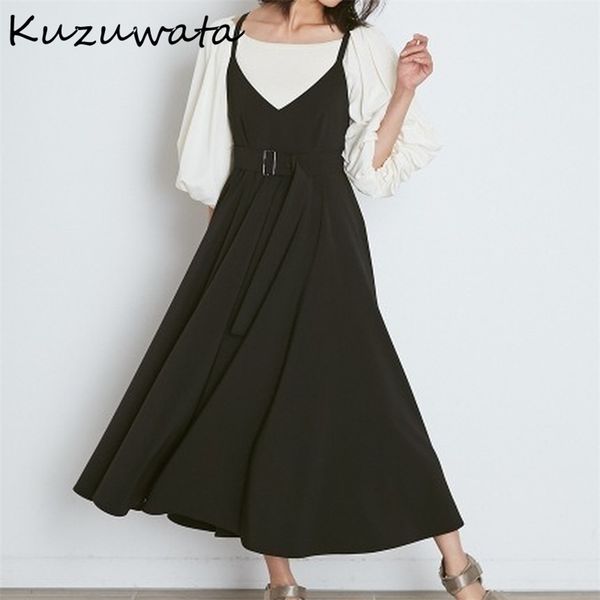

kuzuwata stand collar chic ruffles patchwork women shirts solid puff sleeve blouse spring new sweet slim waist blusas 210225, White