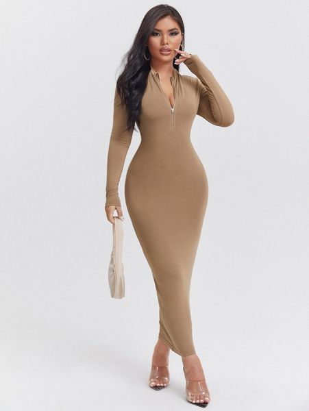 

zip front solid bodycon dress t6ae#, Black;gray