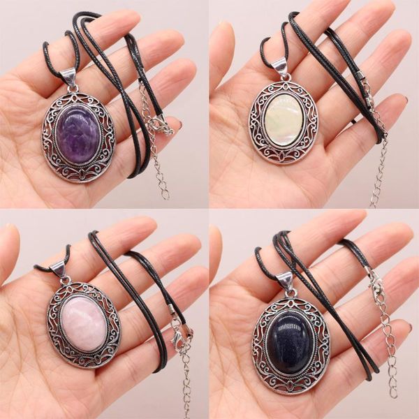 

pendant necklaces natural shell alloy retro oval necklace malachite rose quartz diy trend sweater chain jewelry gem making, Silver