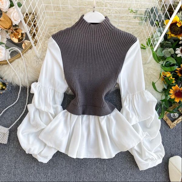 

womens knit patchwork fake two piece slim fit slim lantern sleeved shirt tide turtleneck pullovers sweater ml574, White;black