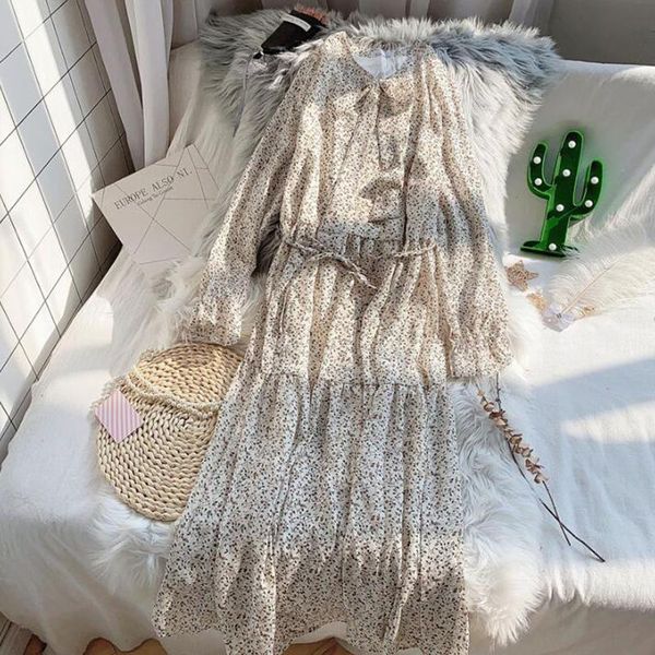 

casual dresses spring sweet bow collar floral print chiffon dress women elegant a line midi korean fashion long sleeve vestido, Black;gray