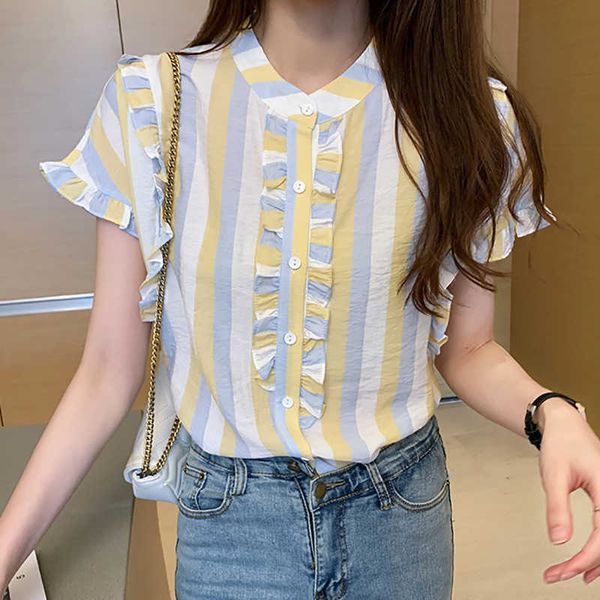 Kelebek Kol Çizgili Kısa Gömlek Kadın Giysileri Standı Yaz Tops Casual Düğme Şifon Bluz Chiffonier Femme 210615