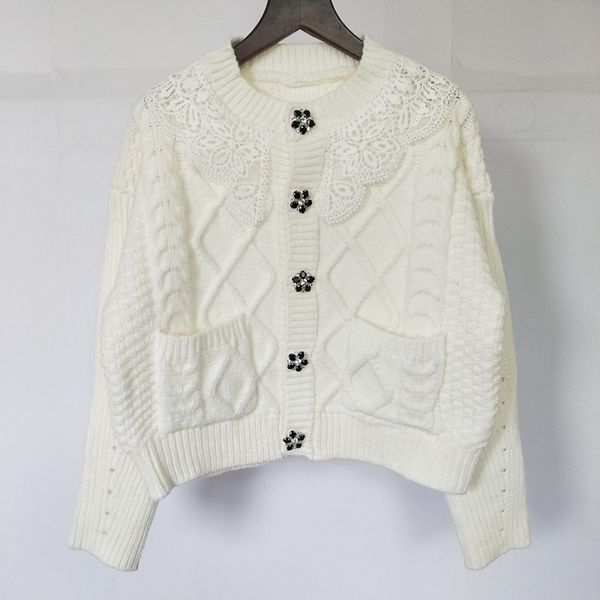 

twisted cardigan lady with lace collar and diamond buttonwomenswear designer wear, White;black