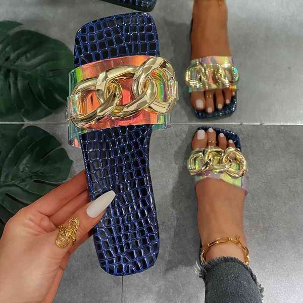 

75% off factory outlet sale women summer new chain decoration square heel sandals light comfortable outdoor beach slippers 2021 flat slides, Black