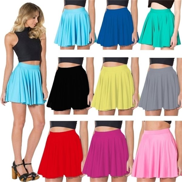 

9 colors solid women summer black above knee red blue silver green pink yellow skater skirts s to 4xl 210310