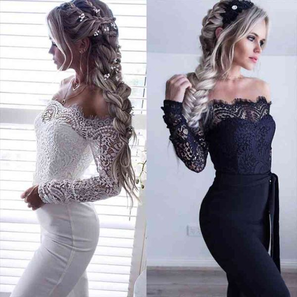 

spring autumn women off shoulder lace floral long sleeve slim jumpsuit amp romper clubwear playsuit bodycon party jumpsuits, Black;white