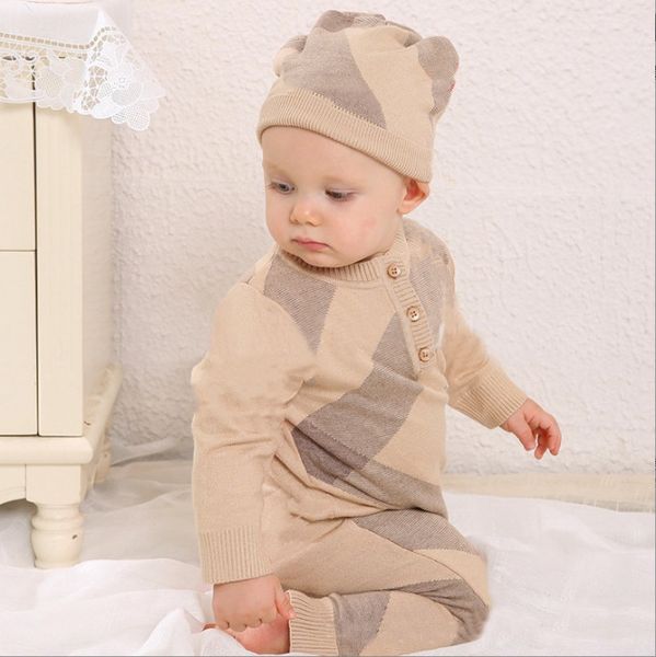 

baby girls boys designer romper fashion infant plaid long sleeve jumpsuit crawl suit knitted clothes toddler newborn letter onesie with hat, Blue