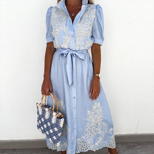 

summer puff sleeve hollow out women dress shirt casual elegant patchwork embroidery lace long up belted party dresses, Black;gray
