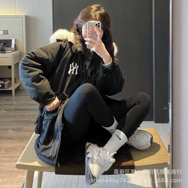 

mlb ny / yankees hooded wool collar medium length tunic for warmth and good-looking, Black