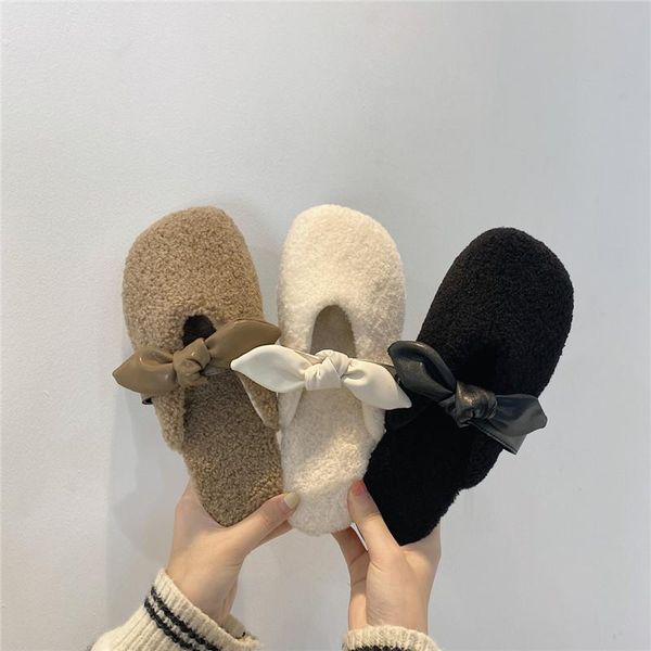 

slippers fur shoes butterfly-knot woman's cover toe winter footwear luxury slides low plush 2021 soft designer flat cotton fabri, Black