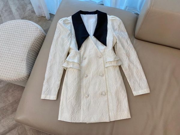 

casual dresses 2021 women fashion bubble long sleeve contrast color lapel rhinestone button dress 0723, Black;gray