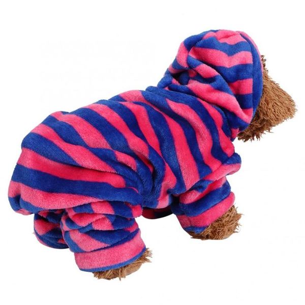

dog apparel clothes coral fleece deep blue red stripe autumn winter four feet pet hoodies warm pajamas clothing for dogs