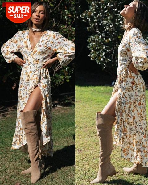 

hirigin women bodycon floral dress v-neck women spring autumn bandage wasit long sleeve boho dress fashion for vacation #b79m, Black;gray