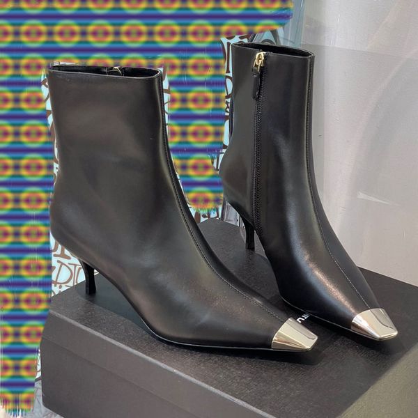 

fashion luxury designer women boots metal design pointed toe lady boots ladies ankle bootss round toes side zip high-heels designers booties, Black