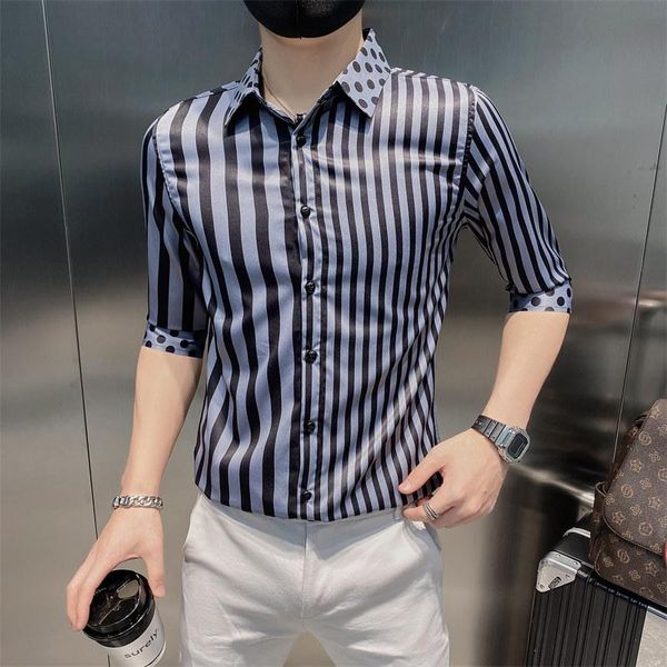 

men's casual shirts summer mens black stripe print slim fit luxury fashion patchwork long/half sleeve social for men chemise homme, White;black