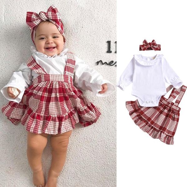 

newborn baby girls clothes little baby girl set ruffle romper plaid suspender skirts headbands set infant costumes for babies, White