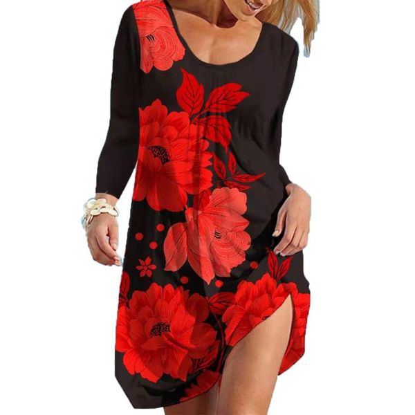 

casual dresses hillsionly plus size autumn dress women's fashion round neck splicing long sleeve print high waist for women, Black;gray