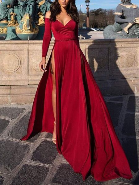 

casual dresses lugentolo party dress women long sleeve slim empire red slash neck lady big swing split fork summer spring, Black;gray